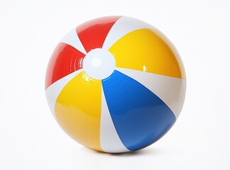 Obraz premium Brightly colored inflatable beach ball with red, yellow, blue, and white segments on a white background