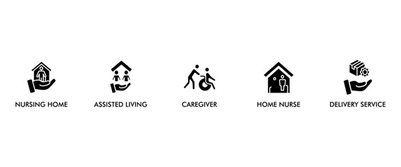 Elderly care banner web icon vector illustration concept for elder people support with an icon of caregiver, nursing home, assisted living, home nurse and delivery service