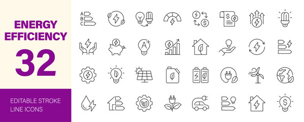 Energy efficiency icon set. Containing energy saving, electricity, sustainability, light bulb, consumption, ECO, environment and more. Editable line icons. Vector illustration.