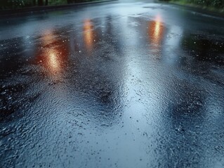 Wet asphalt road with reflective puddles showing blurry orange light reflections and surrounding greenery on a rainy day