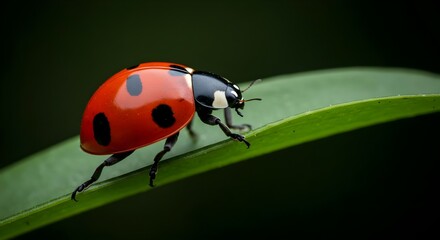 Fototapeta premium Vibrant Ladybug Crawling on a Green Leaf in Photorealistic Detail
