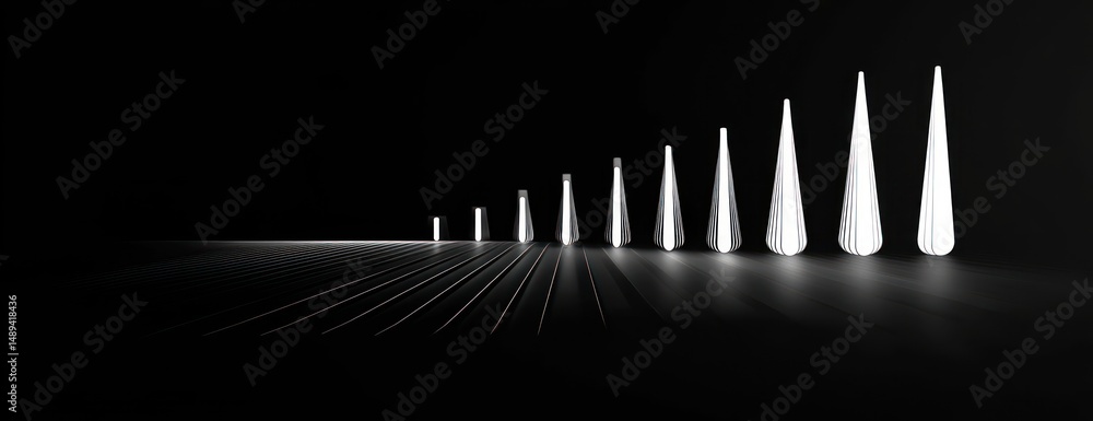 Poster row of eleven glowing white cone-shaped lights of increasing size arranged in a dark space with fain