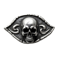 Obraz premium Intricately designed silver pirate eye patch featuring a prominent skull motif and ornate swirling patterns showcasing a touch of edginess