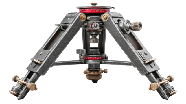 Precision Instrument: A detailed view of a sturdy surveying instrument, highlighting its intricate mechanics, set against a stark backdrop. The device showcases expert craftsmanship.