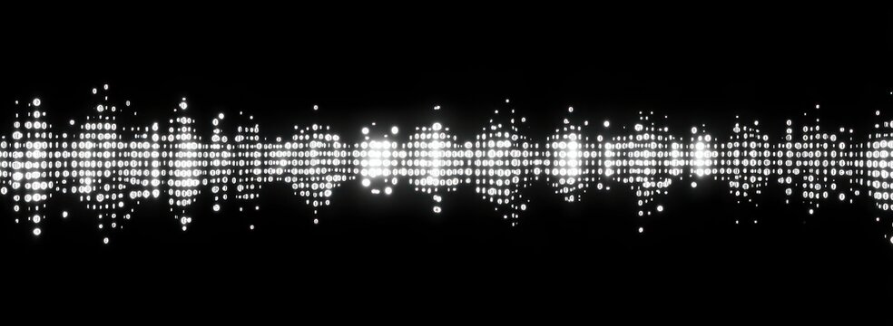 Bright white digital sound wave made of glowing binary code dots on a black background symbolizing audio data and technology