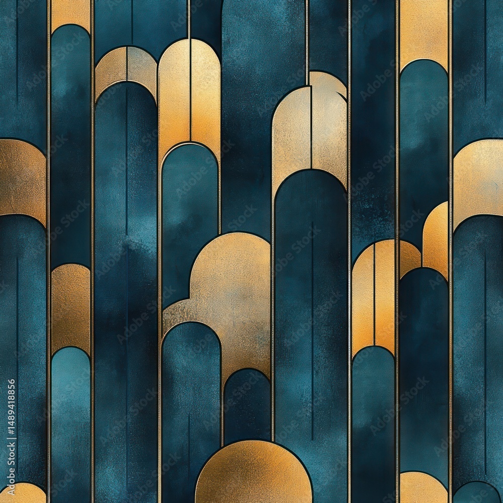 Poster abstract geometric pattern with overlapping arches and rounded shapes in gold and dark teal tones cr