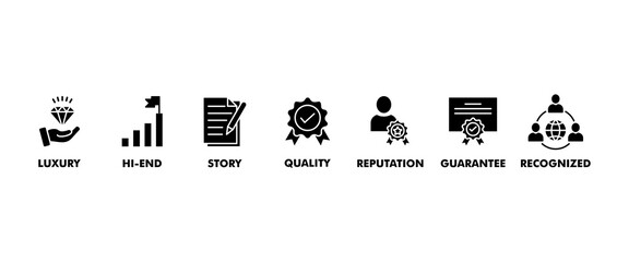 Super brand banner web icon vector illustration concept with icon of luxury, hi-end, story, reputation, quality, guarantee, recognized, limited and loyalty