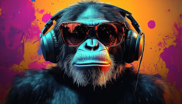 Close-up of a cool-looking chimpanzee wearing large headphones and dark sunglasses with an intense colorful background blending orange and purple hues