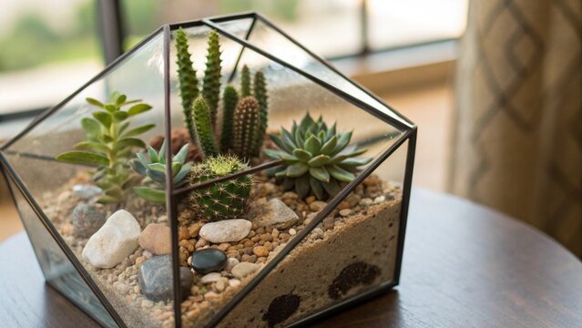 Cube glass terrarium close up showing detailed green plants moss nature scene - Powered by Adobe