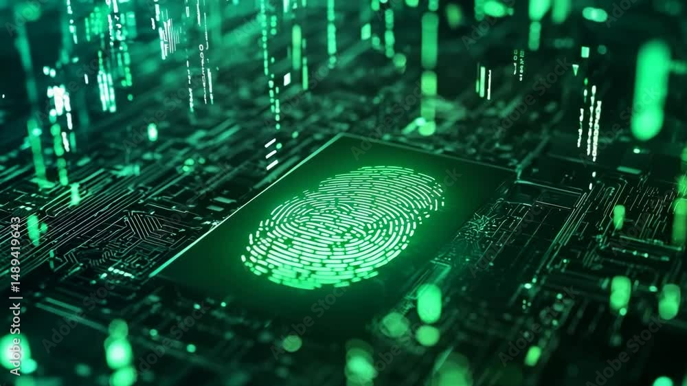 Poster futuristic digital fingerprint technology showcasing integration with advanced circuitry in a glowin