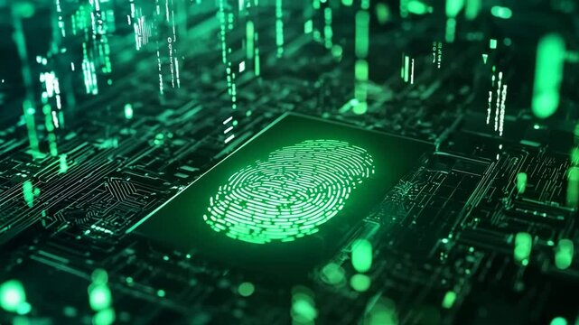 Futuristic digital fingerprint technology showcasing integration with advanced circuitry in a glowing cyber environment illuminated by green lights
