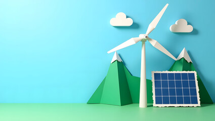A vibrant and lively illustration depicting renewable energy sources in a colorful and imaginative landscape design featuring mountains and a wind turbine