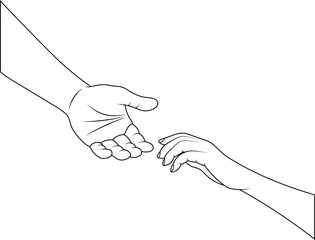 Line-drawn helping hands vector transparent PNG. One hand reaching down and another reaching up. Supporting hands. Call for aid. Asking for help. Outlined hands PNG.