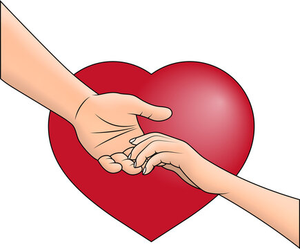 Lovers' hands transparent PNG. Colorful vector illustration of a couple's hands gently touching over a vibrant red heart. Romantic hands. Holding hands PNG.