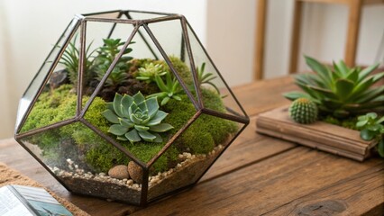 Detailed close up of cube glass terrarium containing green plants moss nature