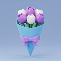 Tulip Flower Bouquet with Purple and White Blooms in Wrapping