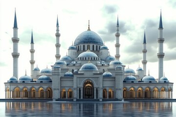 Fototapeta premium Grand symmetrical mosque with multiple blue domes and tall minarets reflected in calm water on a cloudy day