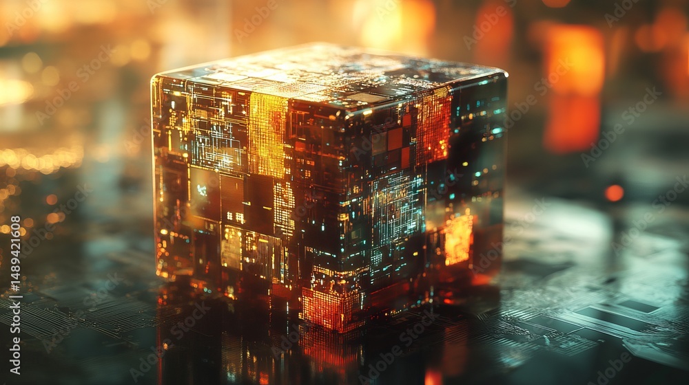 Poster abstract digital cube futuristic technology orange glow circuitry design 3d art data dark light styl