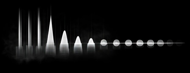 Abstract visualization of white glowing geometric shapes including cones and spheres aligned horizontally against a dark background emitting a sense of progression and transformation