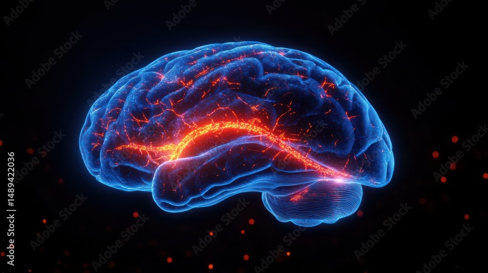 Poster glowing blue and red neural pathways inside a human brain hologram on a dark background illustrating