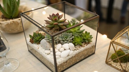 Close up of cube glass terrarium with green plants and moss detailed view