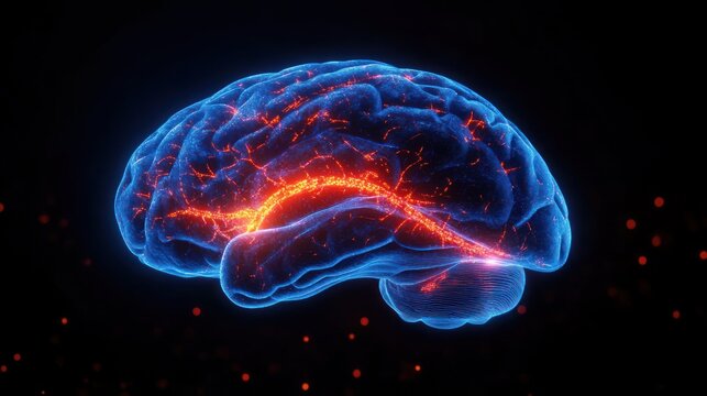 Glowing blue and red neural pathways inside a human brain hologram on a dark background illustrating brain activity and connectivity