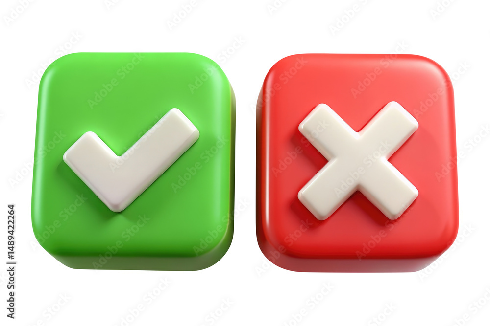 Wall mural 3d green check mark and red cross icon set for ui, app feedback, or approval interface isolated on t