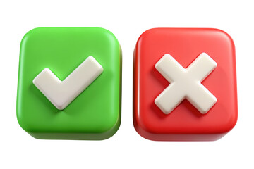 3D Green Check Mark and Red Cross Icon Set for UI, App Feedback, or Approval Interface isolated on transparent white background, clipping path