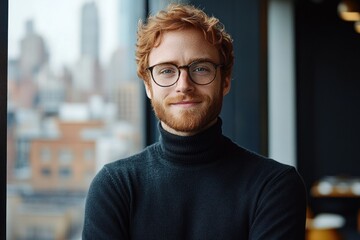 Obraz premium Portrait of a smiling young man with red hair and glasses wearing a black turtleneck sweater standing indoors with a blurred cityscape background