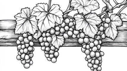 Fototapeta premium Grapes hanging on vine, vineyard, autumn harvest, winemaking illustration