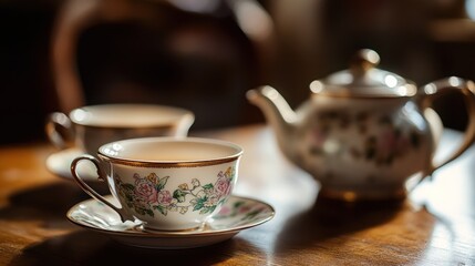 Elegant Tea Time: Porcelain Teacups and Teapot