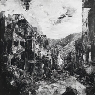 Fototapeta Grayscale Photograph of Destroyed Cityscape After War