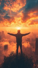 Silhouette of a person on a hilltop at sunrise over a city.