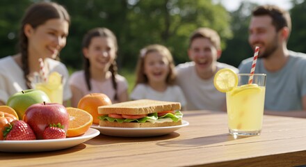 Happy Family Enjoying Picnic with Delicious Food and Refreshing Drinks