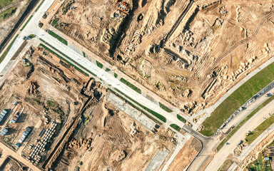 earthworks before new building construction. aerial top view of construction site on sunny day.