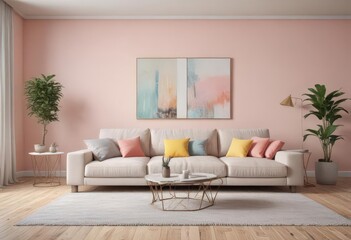 Soft pastel furniture arranged in a bright living room,  light,  lamp,  window