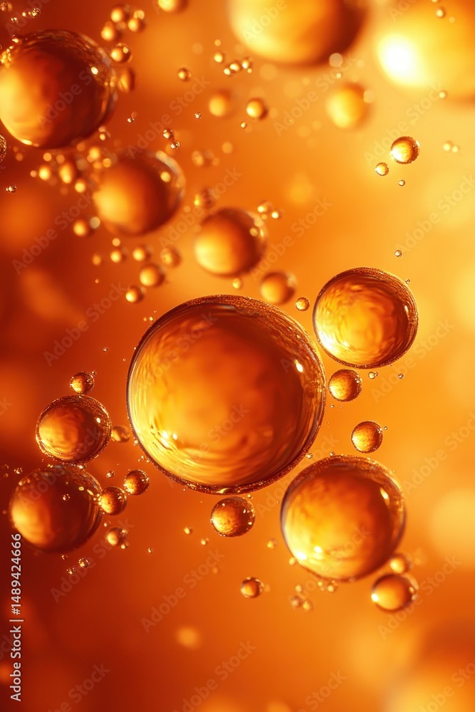 Poster close-up view of golden orange spherical bubbles suspended in liquid, glowing softly and creating a 