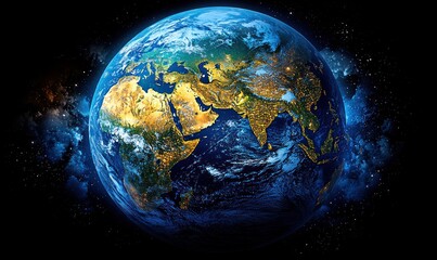 A vibrant Earth, seen from space, showcasing continents, oceans, and atmospheric details.  City lights illuminate the night side