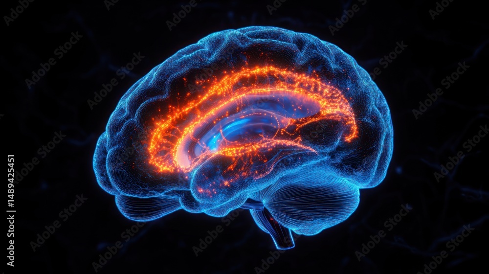 Poster 3d visualization of a human brain highlighting active neural pathways in bright orange with blue tra