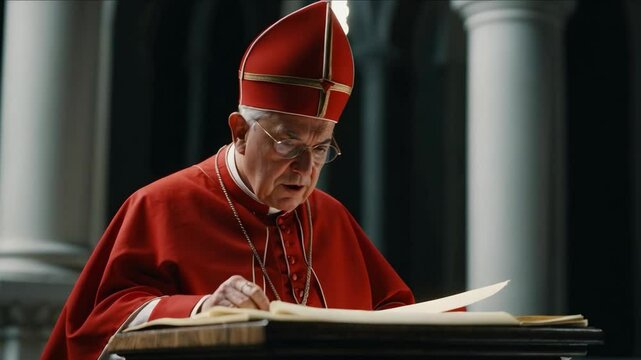 Catholic cardinals dressed in red vestments sit solemnly in pews, praying and silently awaiting the smoke signal during the papal conclave.
