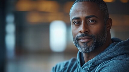 Fototapeta premium Close-up portrait of a man with graying beard, serious expression, wearing a gray hoodie