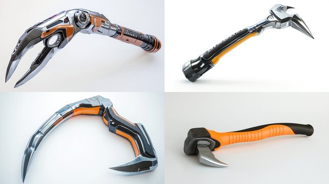 Four futuristic, articulated tools with orange accents and metallic components.  Each tool displays a unique claw or blade-like design