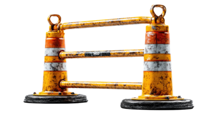 Road Barrier: A detailed depiction of a weathered road barrier with its characteristic alternating orange and white stripes, designed to ensure road safety and clearly mark construction zones.