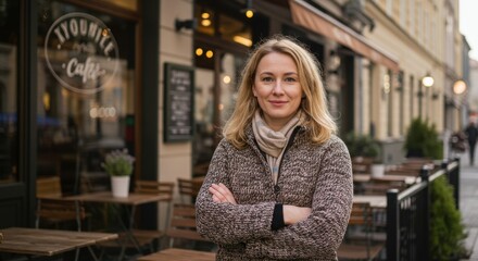 Portrait of a Confident Woman Standing Outside a Charming Cafe in a European City