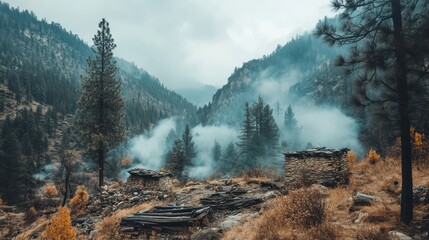 Misty Mountain Valley Stone Huts Autumn Landscape Scenery Nature Photography Fog Old Blue Gray Cold