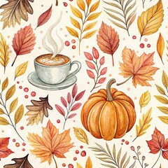 seamless watercolor pattern autumn leaves pumpkin and coffee on white background	
