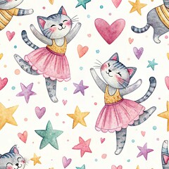 seamless watercolor pattern cat on white background	
