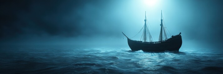 Ancient Sailing Ship at Night Mysterious Ocean Voyage Dark Blue Waters sea fog old sky mist deep