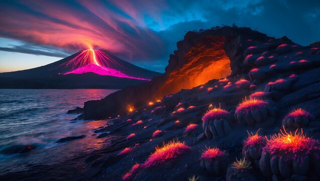 Volcano Eruption at Dusk with Lava Flowing into the Ocean - Powered by Adobe