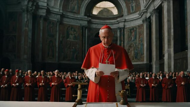 Catholic cardinals dressed in red vestments sit solemnly in pews, praying and silently awaiting the smoke signal during the papal conclave.